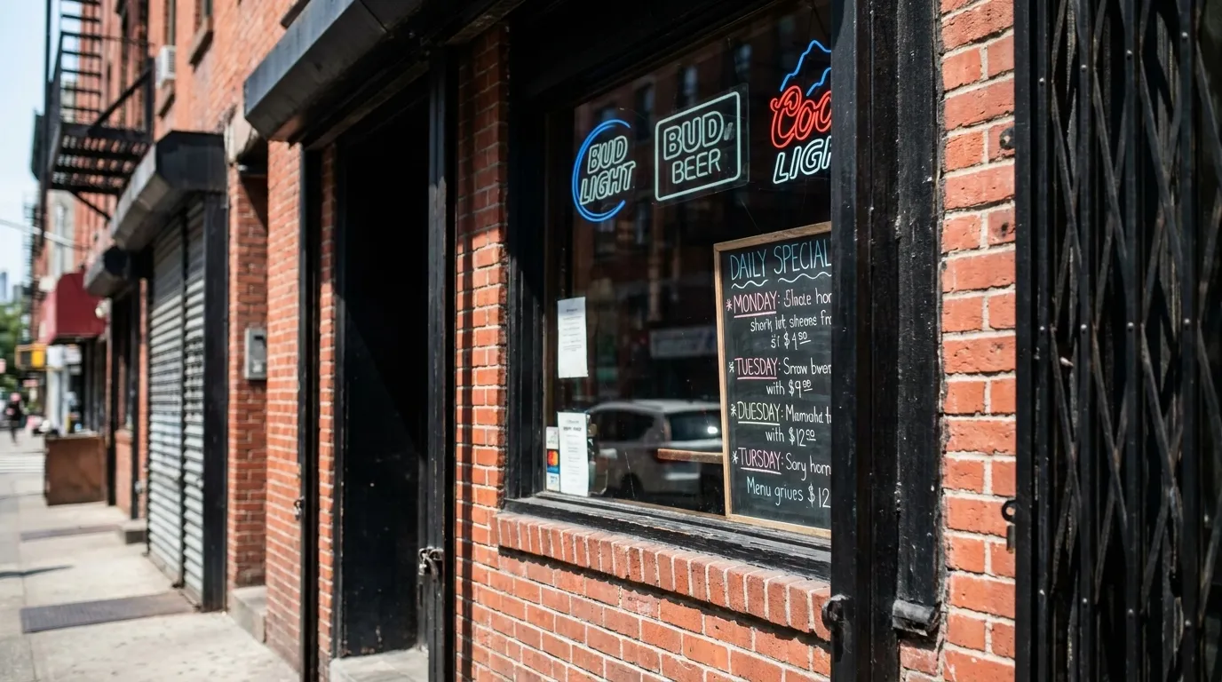 Bar entrance on Ludlow Street in the Lower East Side with neon signs in the window