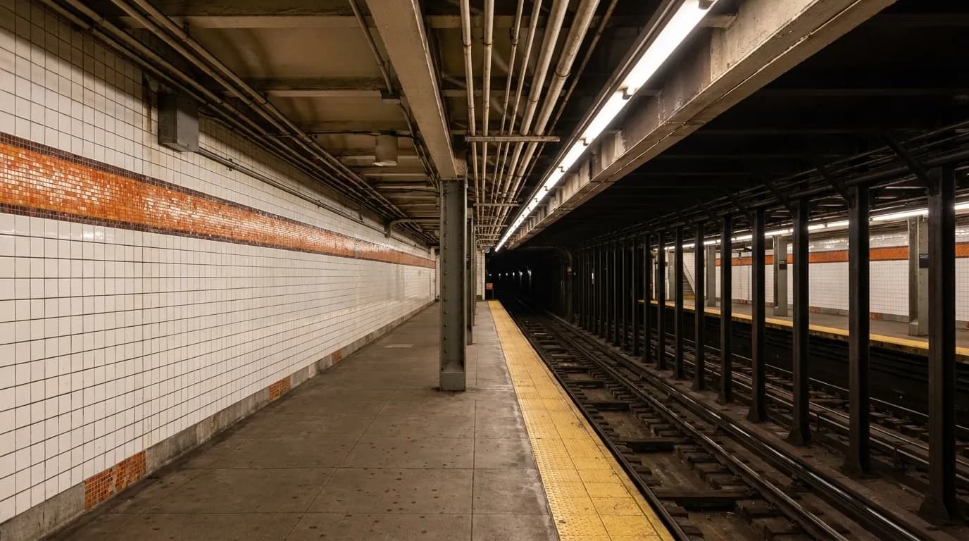 F train platform at Delancey Street station with tiled walls and empty tracks