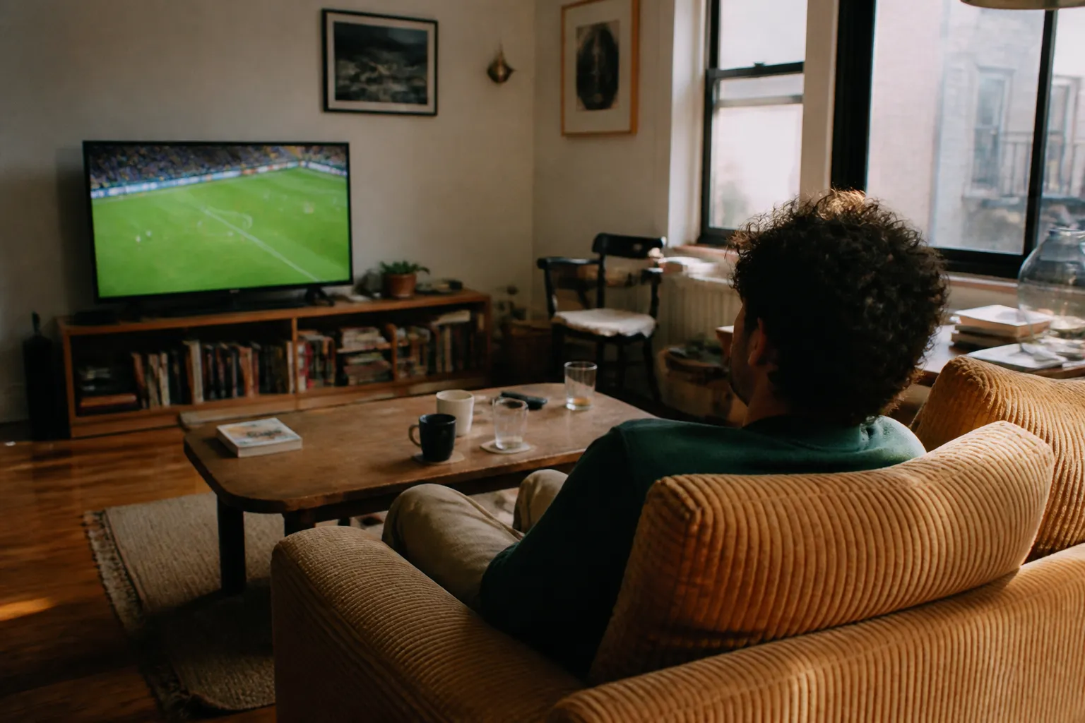 A New York apartment living room at midday with a soccer match playing on a television seen from across the room, sunlight on a worn couch