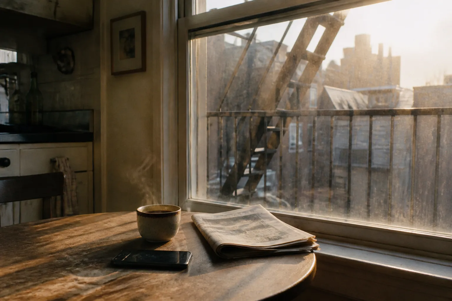 A kitchen table with an espresso cup, a phone lying face down, and a folded newspaper, soft early-morning window light