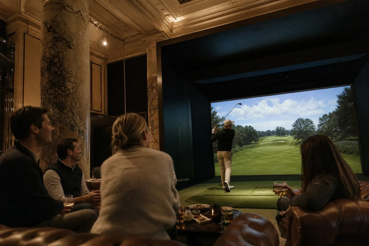 Golfer mid-swing in a plush golf simulator bay while friends watch from leather sofas in a high-ceilinged Midtown Manhattan lounge