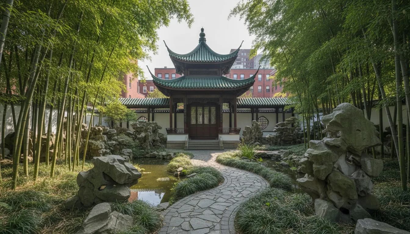 Realistic editorial view of New York Chinese Scholar's Garden in New York City