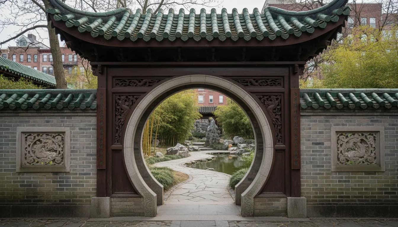 Realistic editorial view of New York Chinese Scholar's Garden in New York City