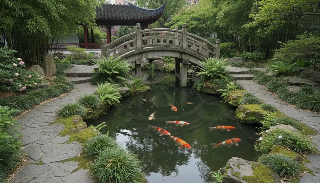 Realistic editorial view of New York Chinese Scholar's Garden in New York City