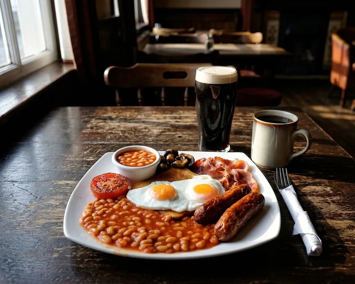 A full breakfast plate and a dark pint on a pub table at dawn, morning light raking across from a window