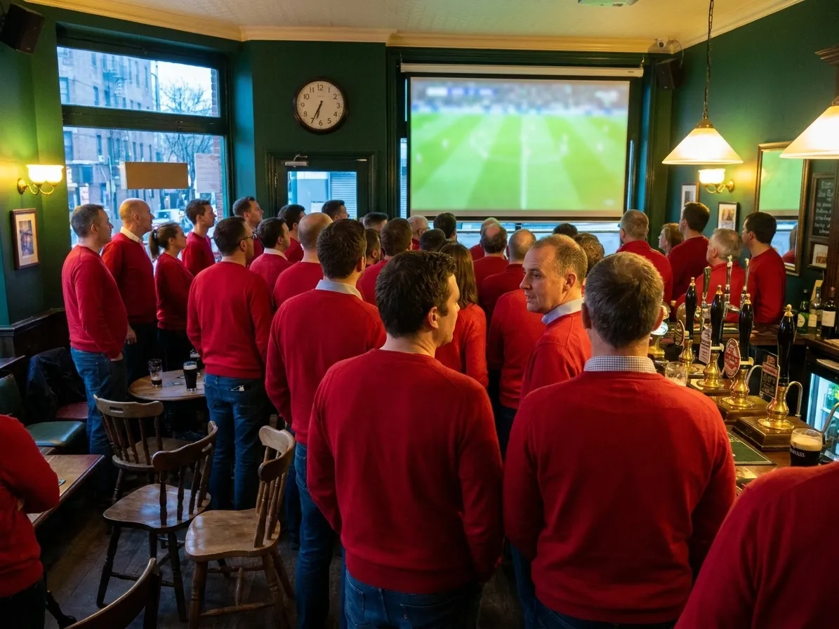 A British pub in Brooklyn early on a Saturday, red-clad drinkers packed under a big screen, daylight barely up outside the window