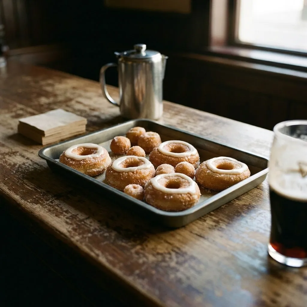 A tray of plain glazed donuts on a pub bar beside a stack of paper napkins, a pint of stout and a coffee pot behind