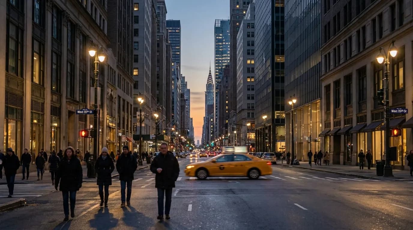 West 35th Street in Chelsea at twilight with pedestrians and office buildings