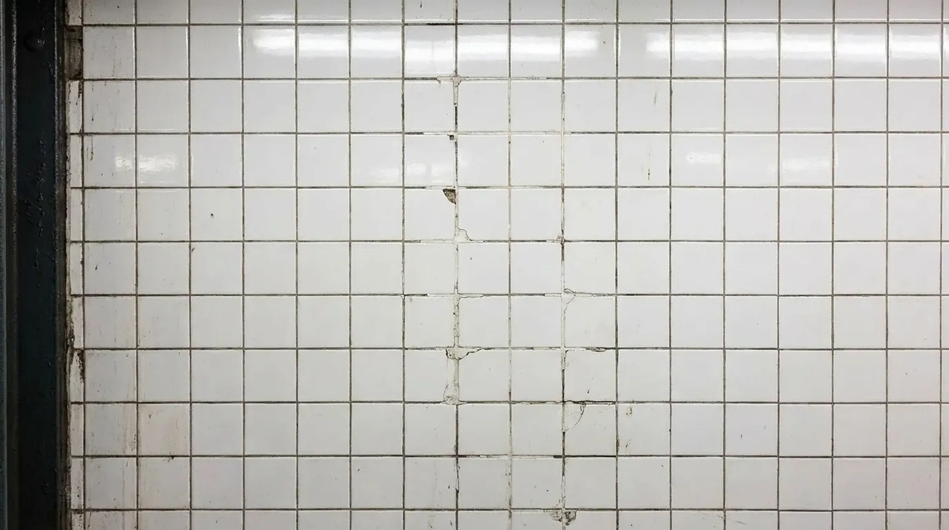 Close-up of white ceramic tile and grout on a New York City subway platform wall