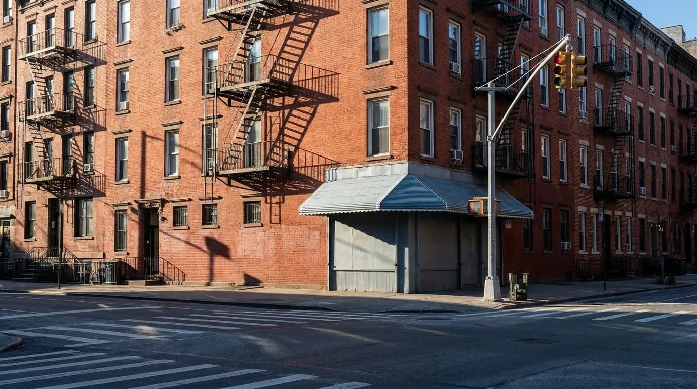 Morning light on a quiet Avenue A intersection in Manhattan's East Village, with brick buildings and fire escapes casting long shadows