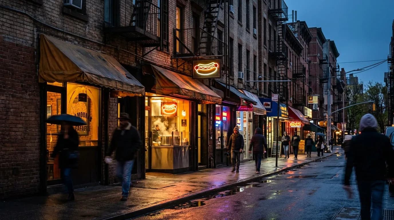 Narrow East Village street at dusk lined with low storefronts and neon shop light