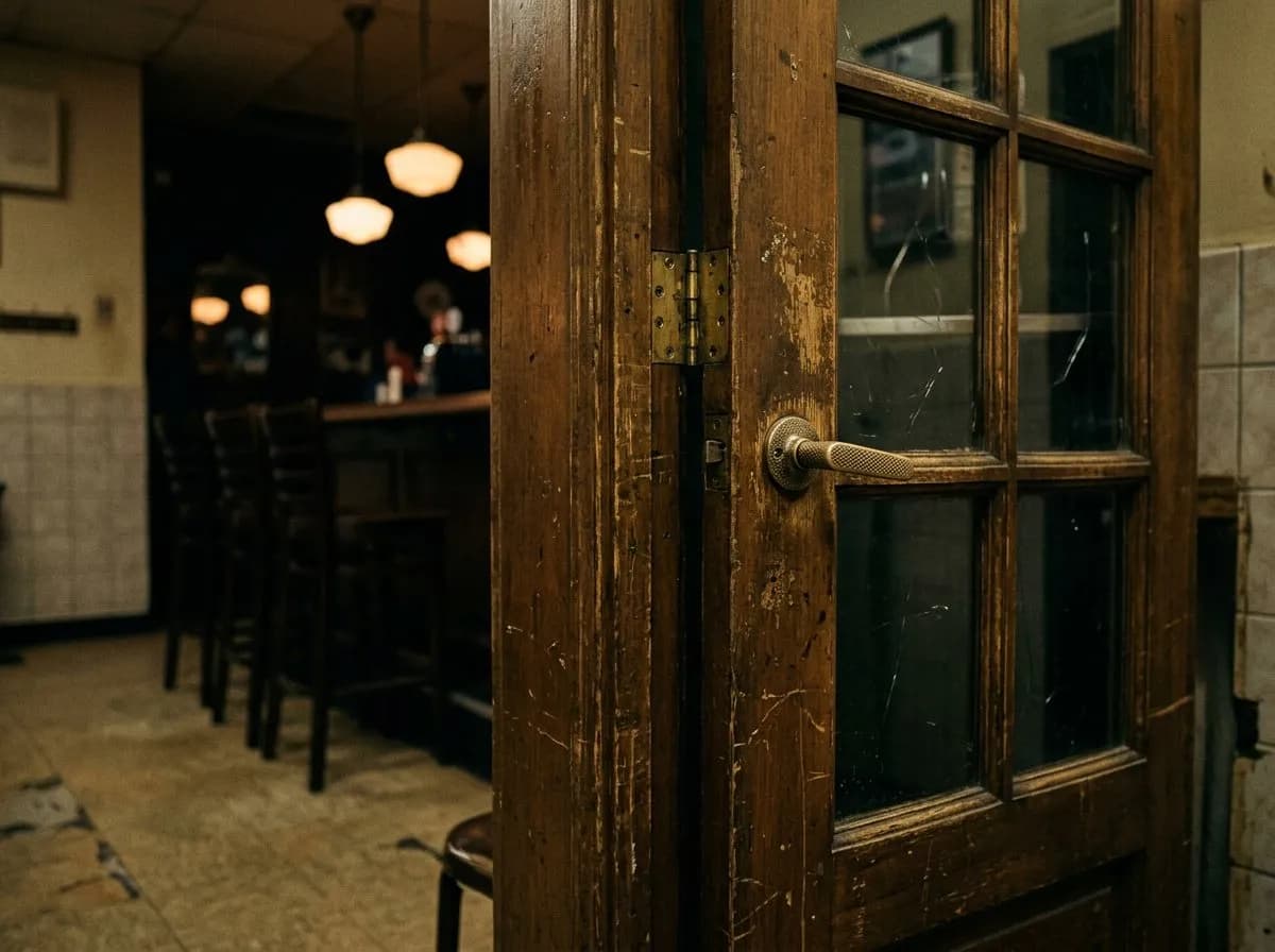 Close view of a wooden phone booth door opening onto a dim cocktail bar interior