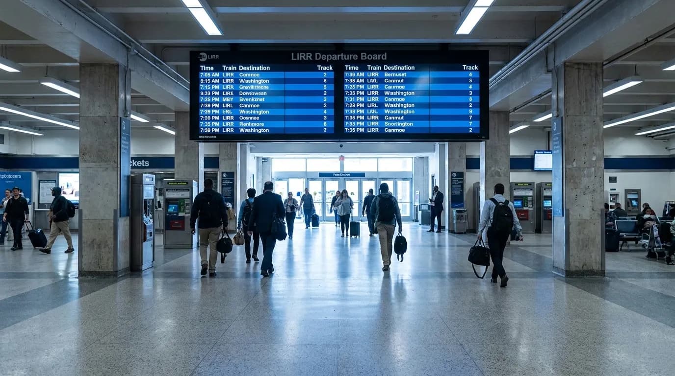 Penn Station LIRR departure board with travelers in the concourse