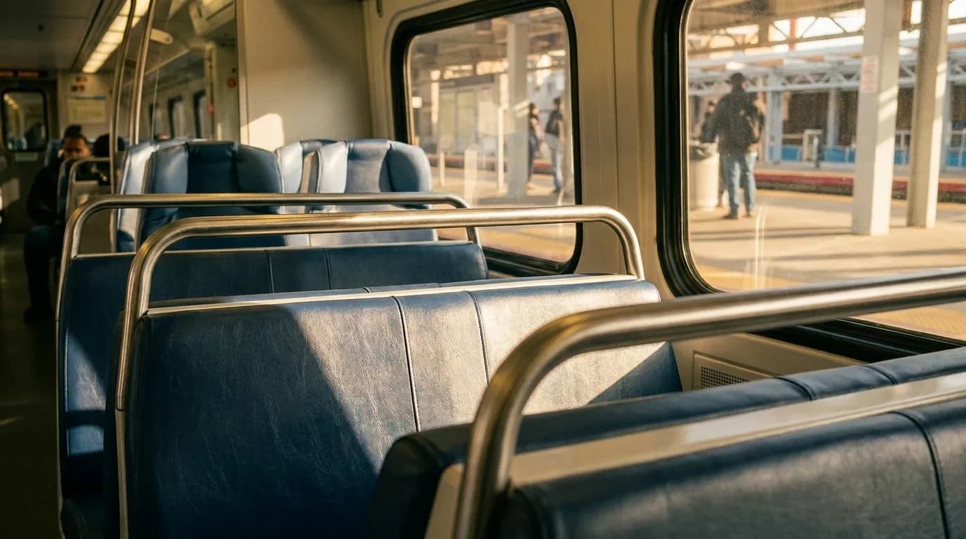 Interior of an LIRR train car with blue seats and sunlight through the window