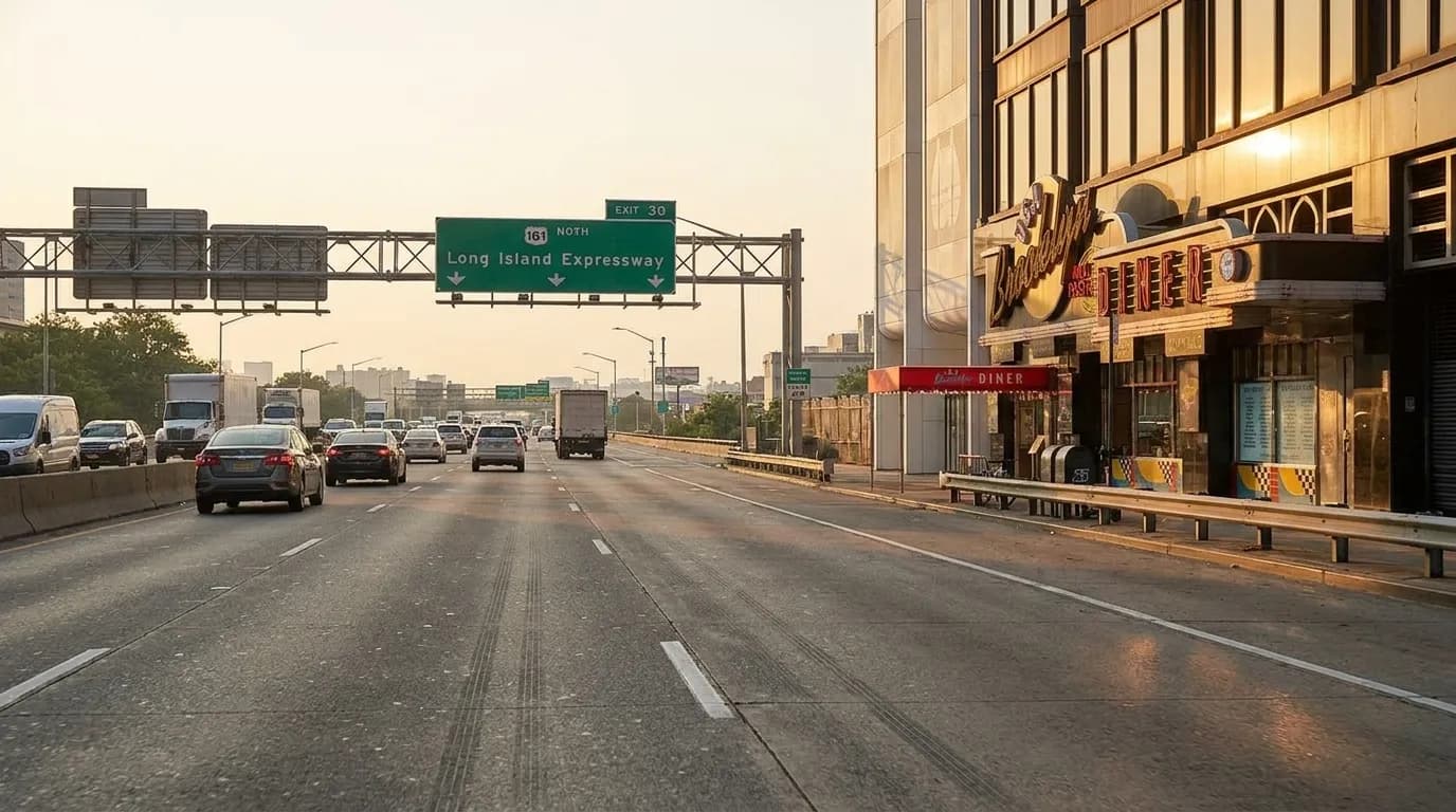 Long Island Expressway eastbound with traffic and highway signs in summer light