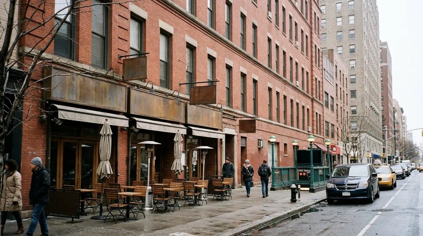 Morning street view of a Manhattan block near a subway entrance with outdoor cafe tables