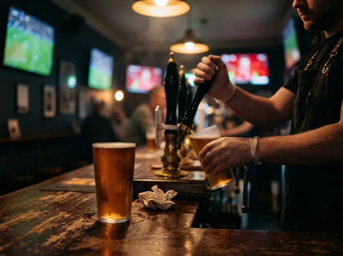 Close-up of a bartender pouring a beer with televisions glowing in the background