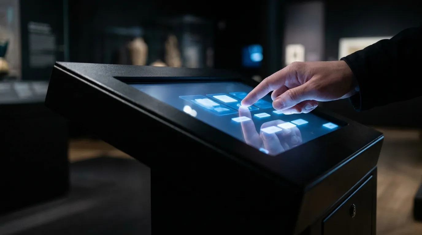 Interactive touchscreen display in a dark museum exhibit space, blue interface light on black terminal