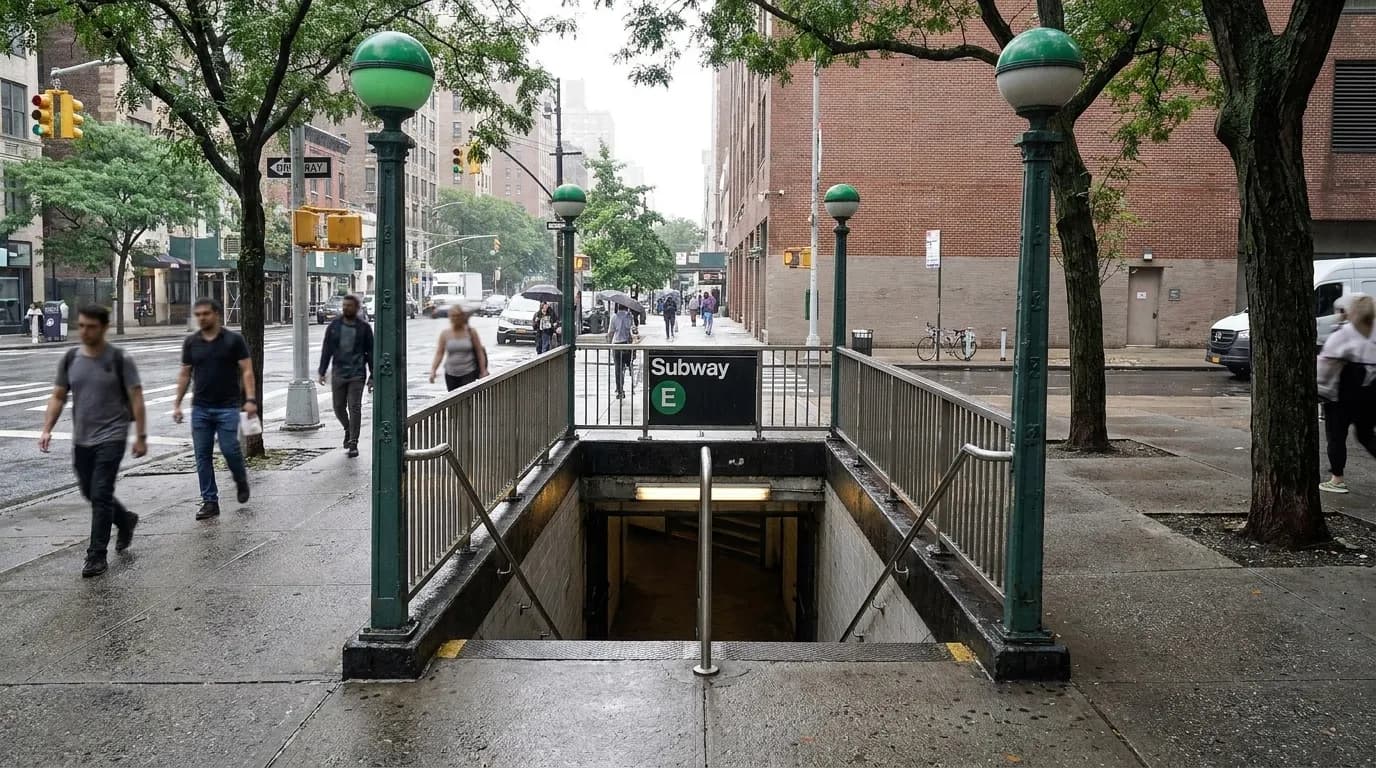 Subway station entrance on Eighth Avenue at 50th Street, stairs descending from Midtown sidewalk