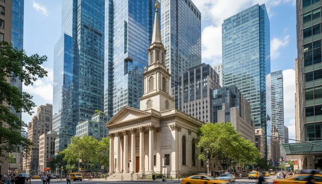 Realistic editorial view of St. Paul's Chapel in New York City