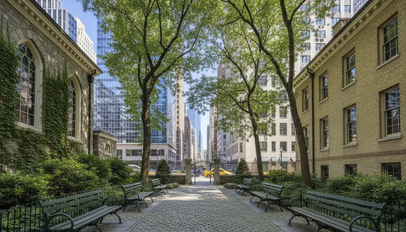 Realistic editorial view of St. Paul's Chapel in New York City