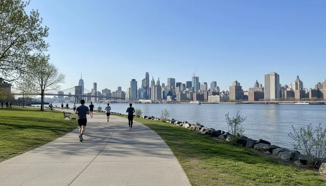 Realistic editorial view of Stuyvesant Cove Park in New York City