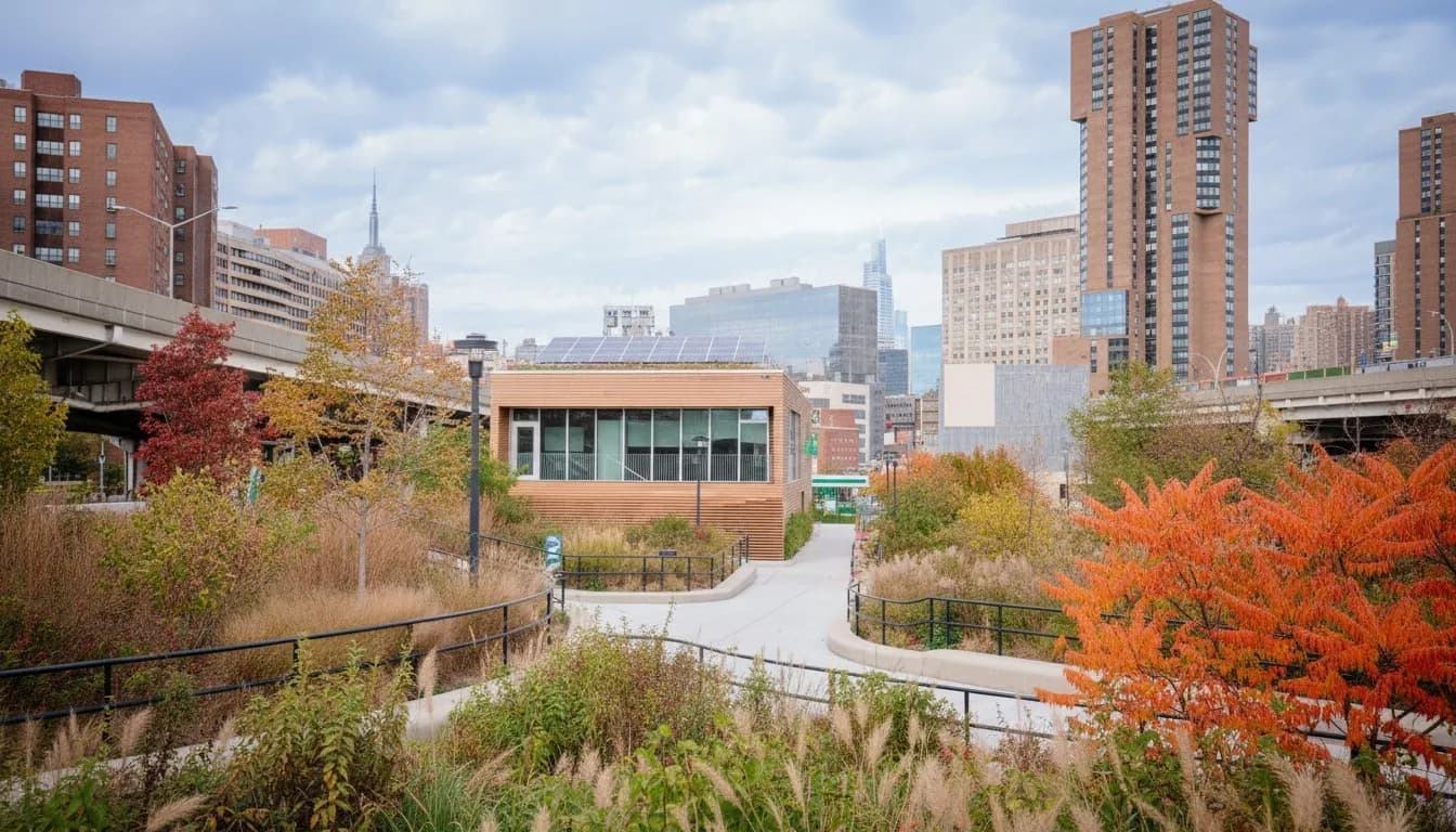 Realistic editorial view of Stuyvesant Cove Park in New York City