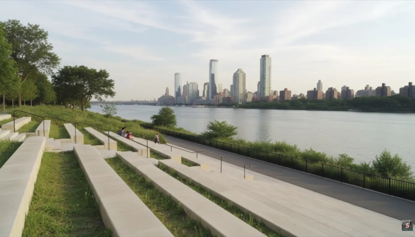 Realistic editorial view of Stuyvesant Cove Park in New York City