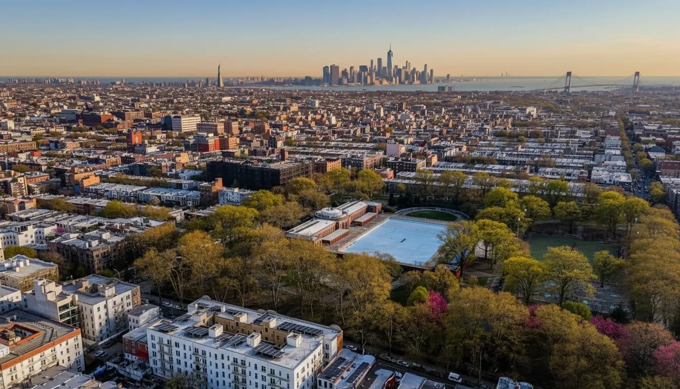 Realistic editorial view of Sunset Park Reservoir in New York City