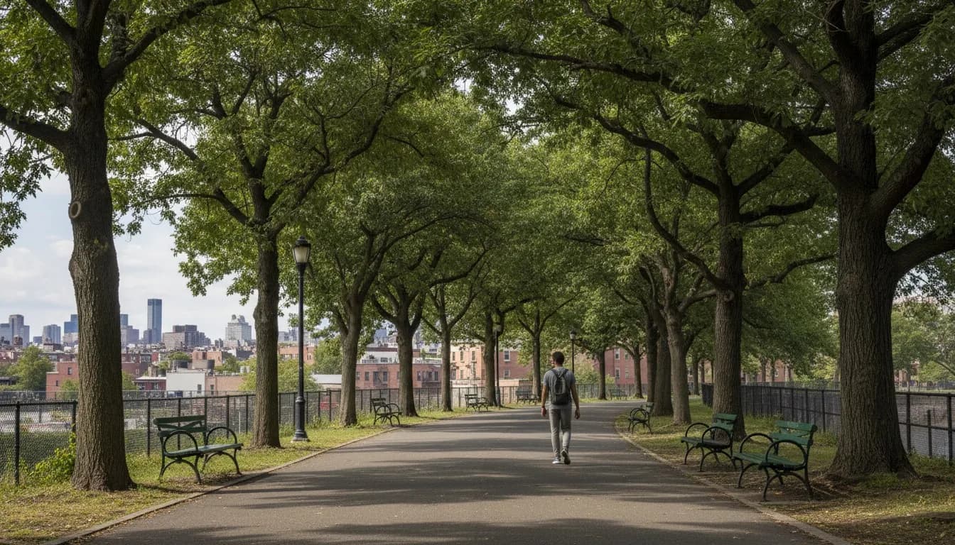 Realistic editorial view of Sunset Park Reservoir in New York City
