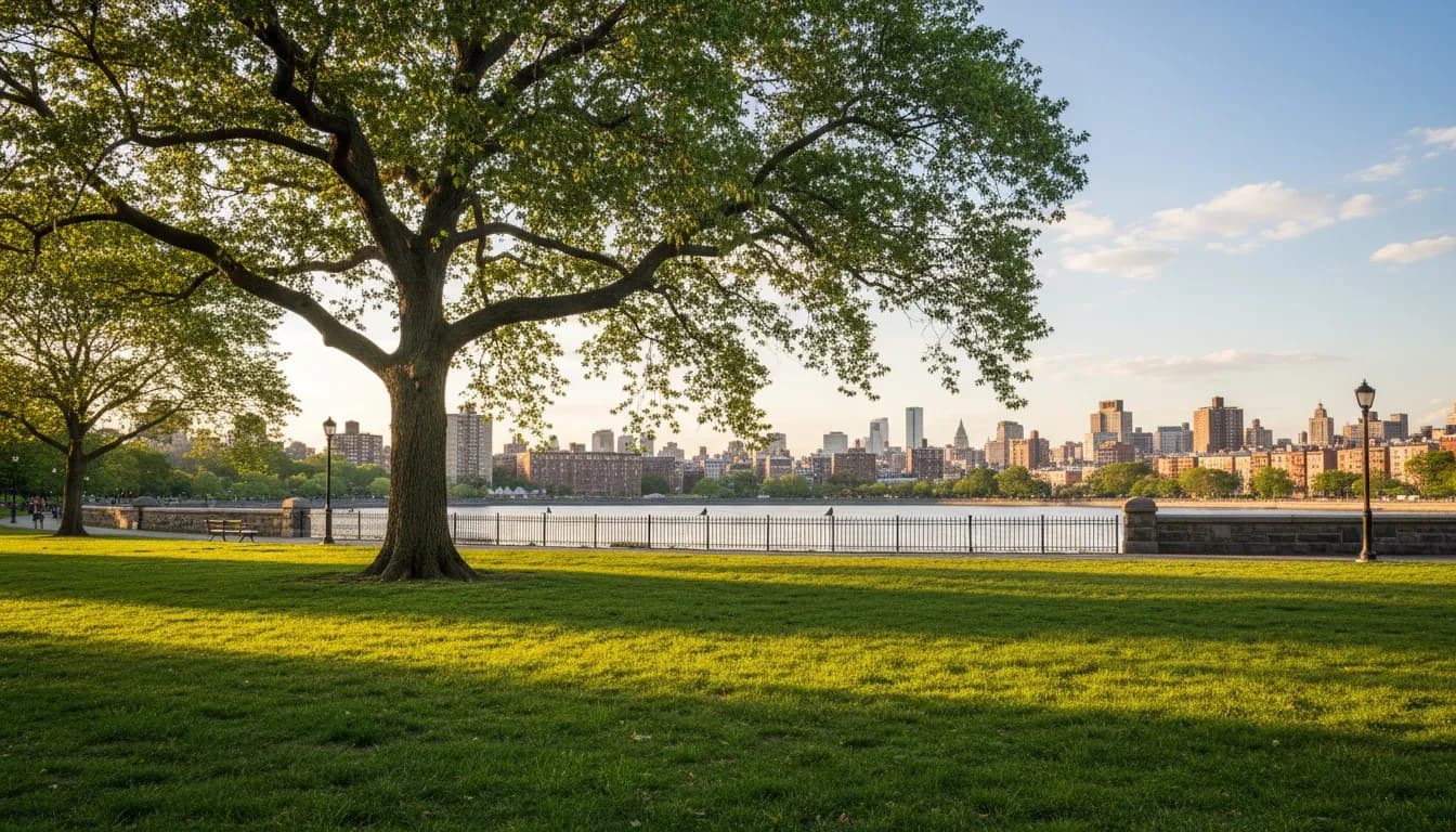 Realistic editorial view of Sunset Park Reservoir in New York City