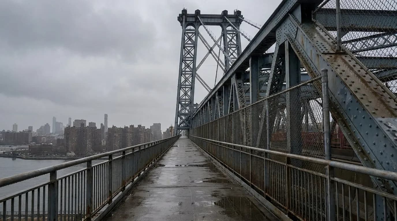 Williamsburg Bridge pedestrian walkway on an overcast morning, wet pavement and bridge cables stretching toward Brooklyn