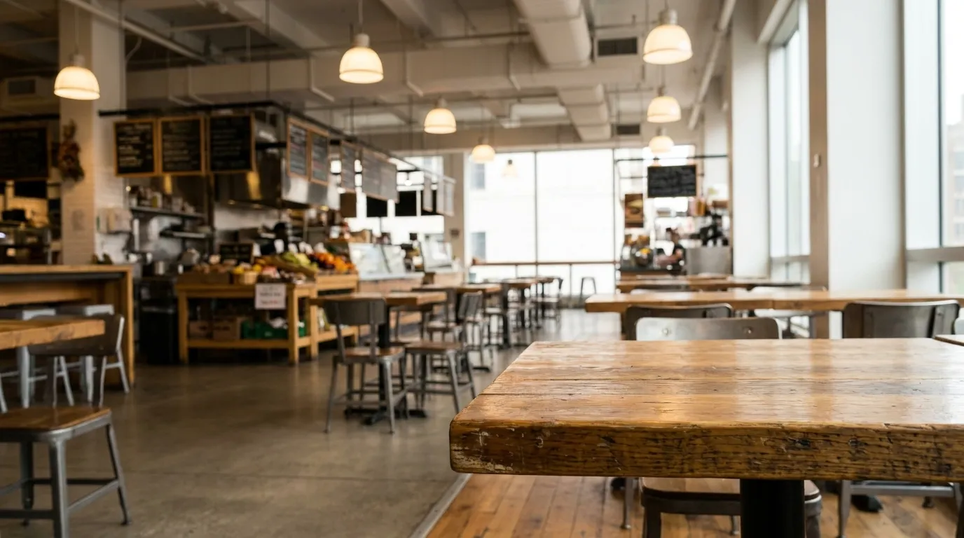 Interior seating area at Essex Market with wooden tables, vendor stalls, and natural light from large windows