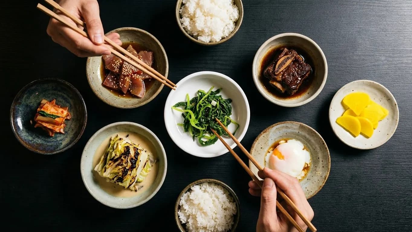 A spread of small Korean dishes in ceramic bowls covering a dark table, hands reaching in from two sides to share
