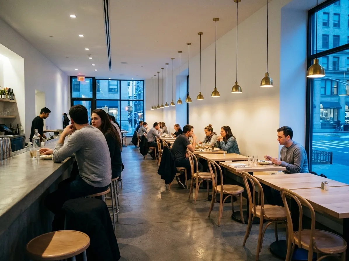 A narrow modern dining room with a concrete bar, bentwood chairs and pendant lights, half full at the start of service