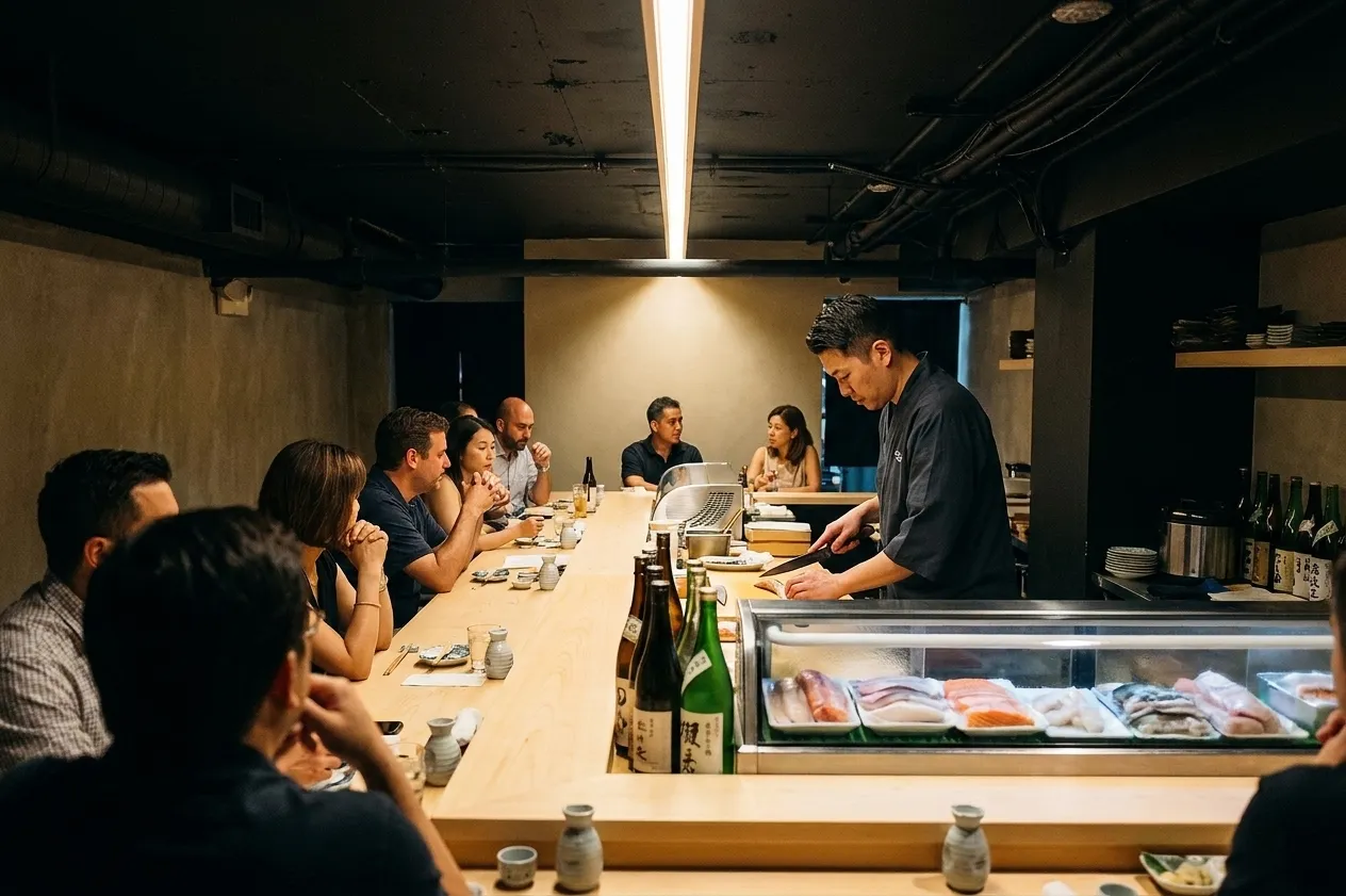 A small basement sushi counter with eight stools, a chef working under a single strip of light and a low dark ceiling