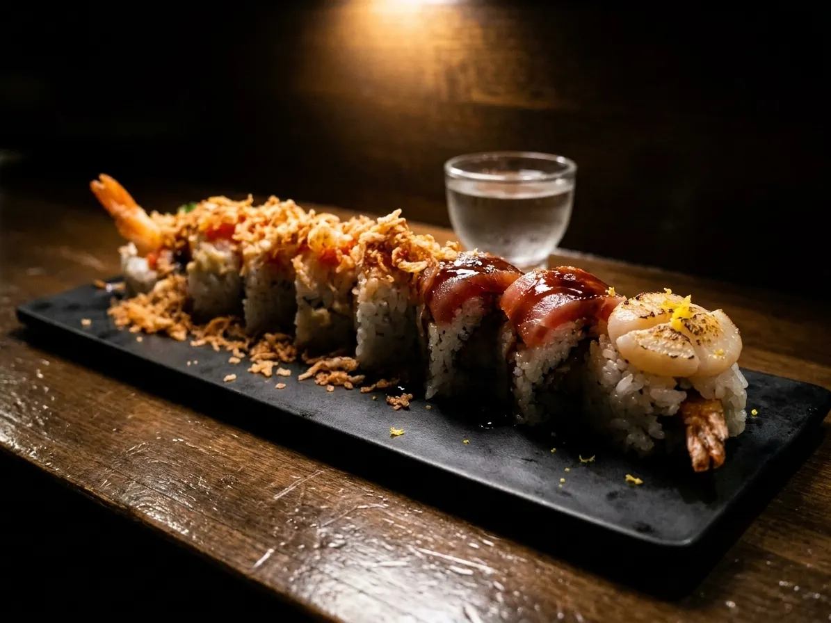 Two pieces of nigiri on a dark ceramic slab, one torched at the edge, with a small cup of clear sake beside them