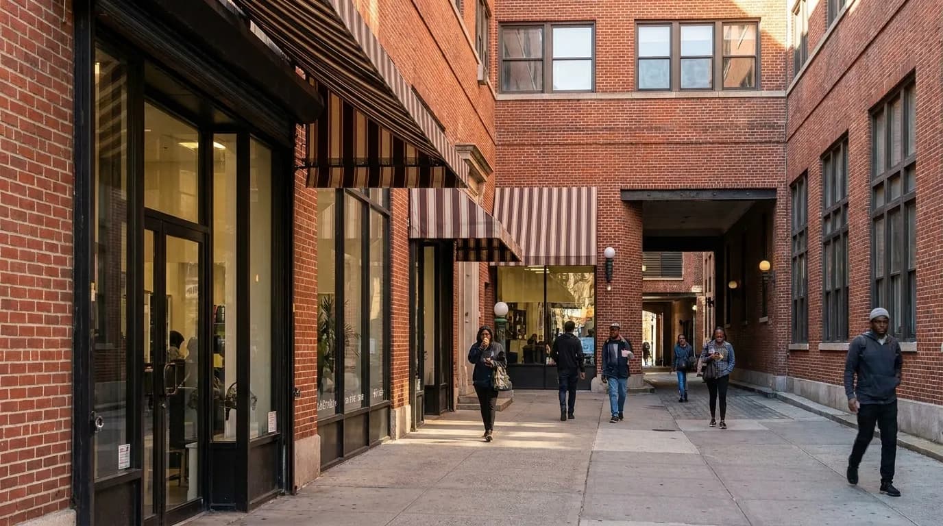 Lenox Avenue in Harlem with storefronts and pedestrians on a sunny afternoon