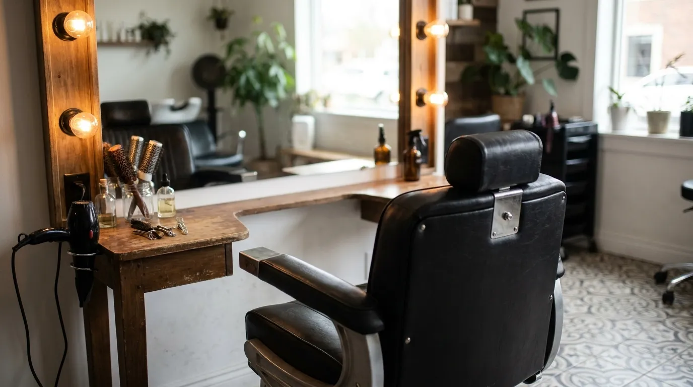 Salon styling chair and mirror with natural window light
