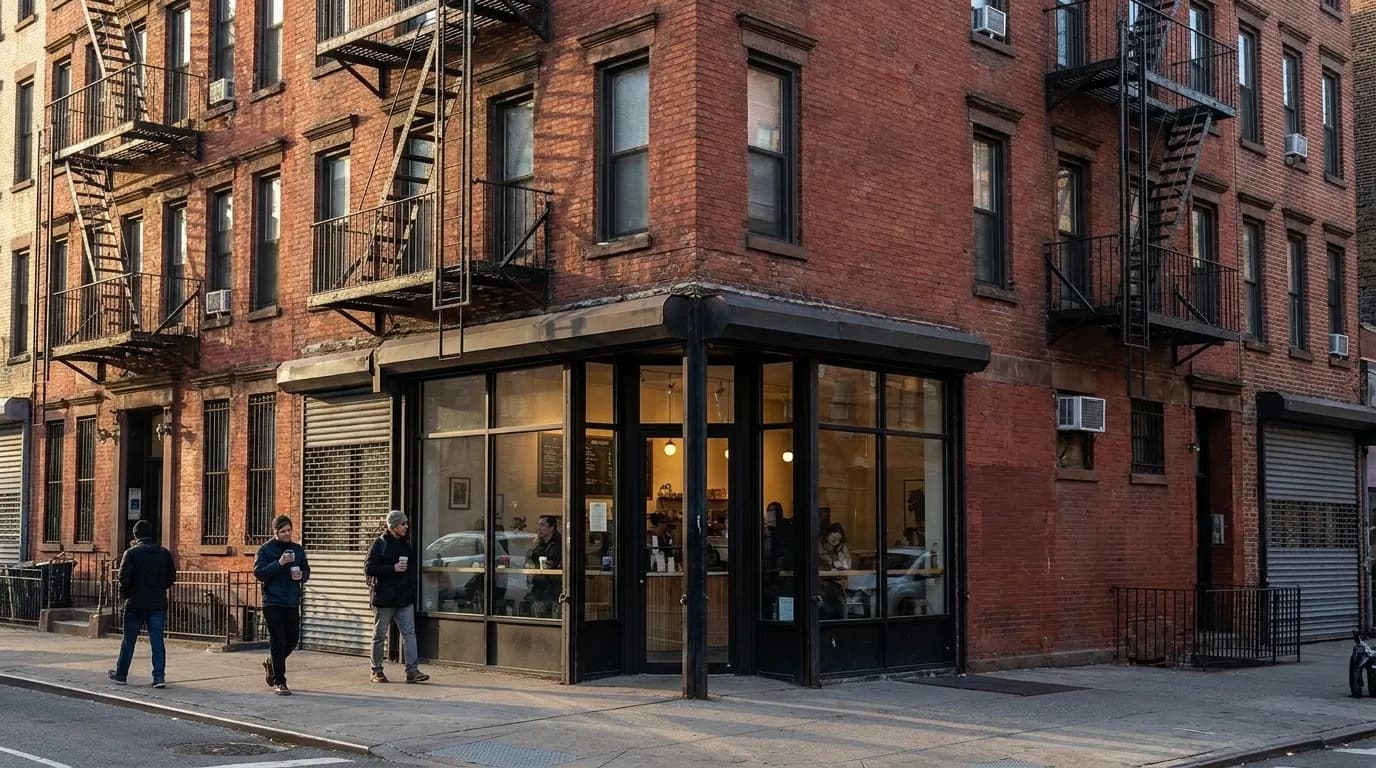 Ninth Street Espresso storefront on Third Avenue in the East Village, morning light on brick buildings