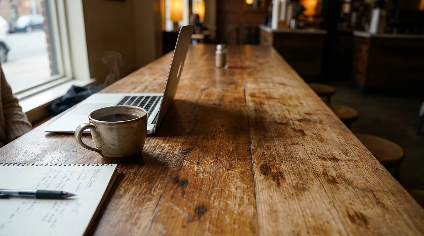 Wooden communal table in a Brooklyn coffee shop with laptop, mug, and notebook in natural light