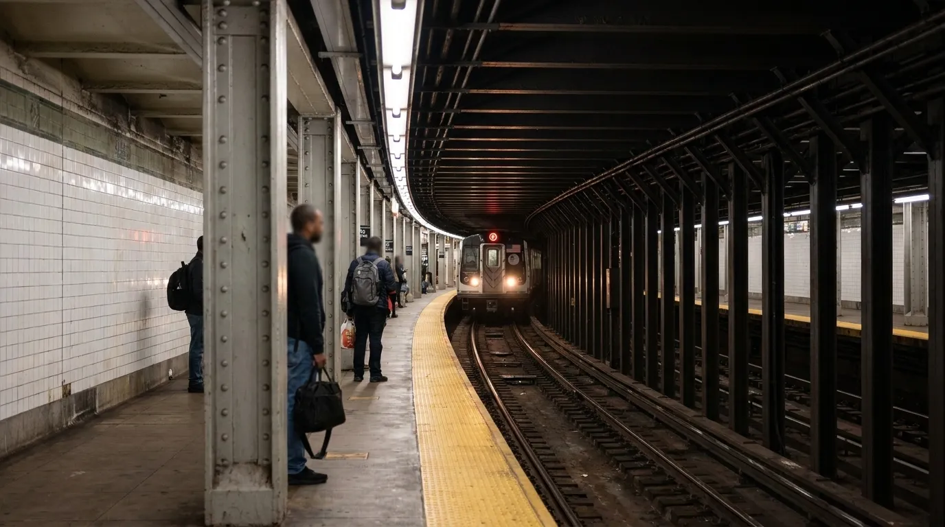 Atlantic Avenue–Barclays Center subway platform with arriving R train and waiting commuters