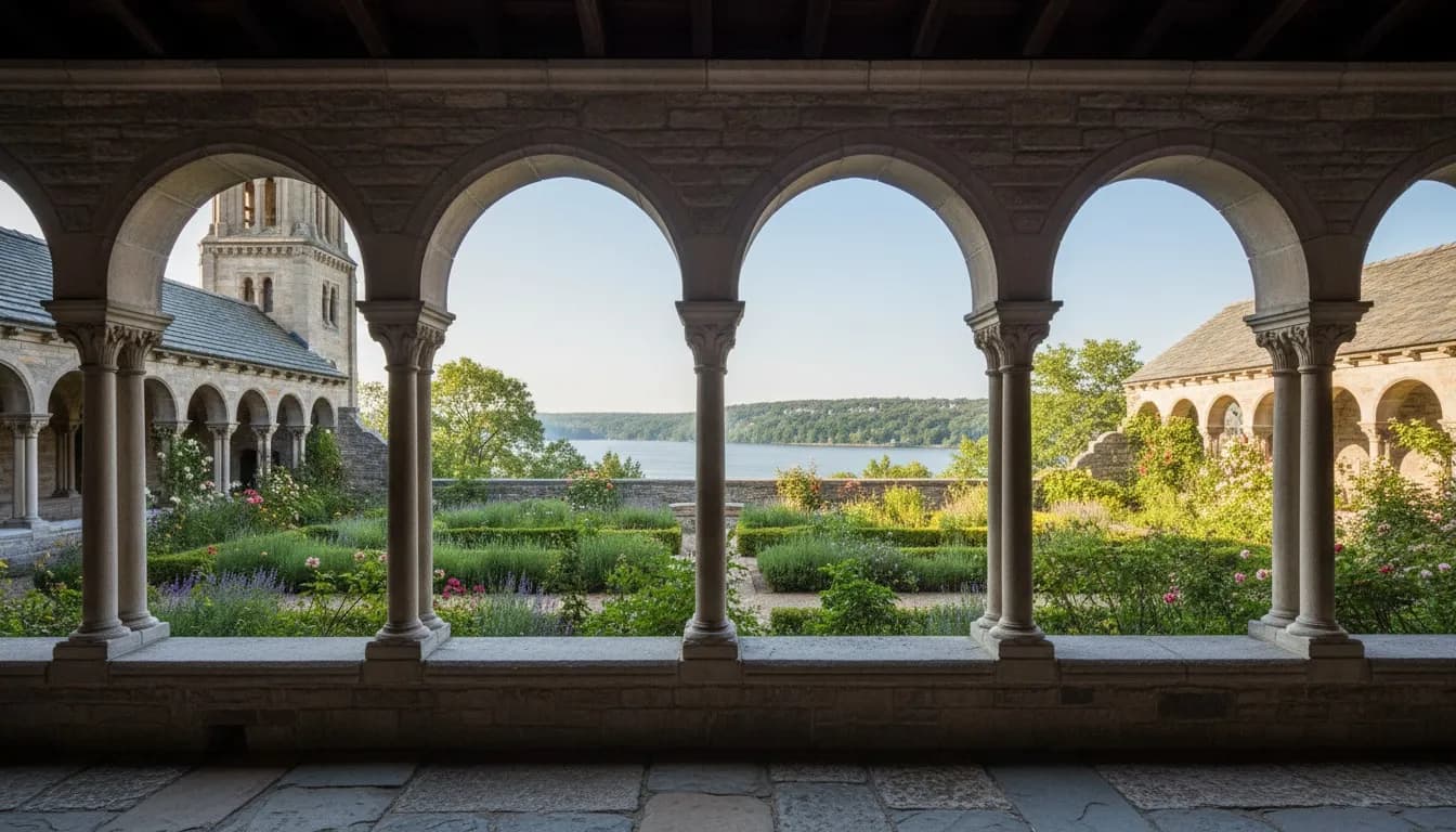 Realistic editorial view of The Cloisters Gardens in New York City