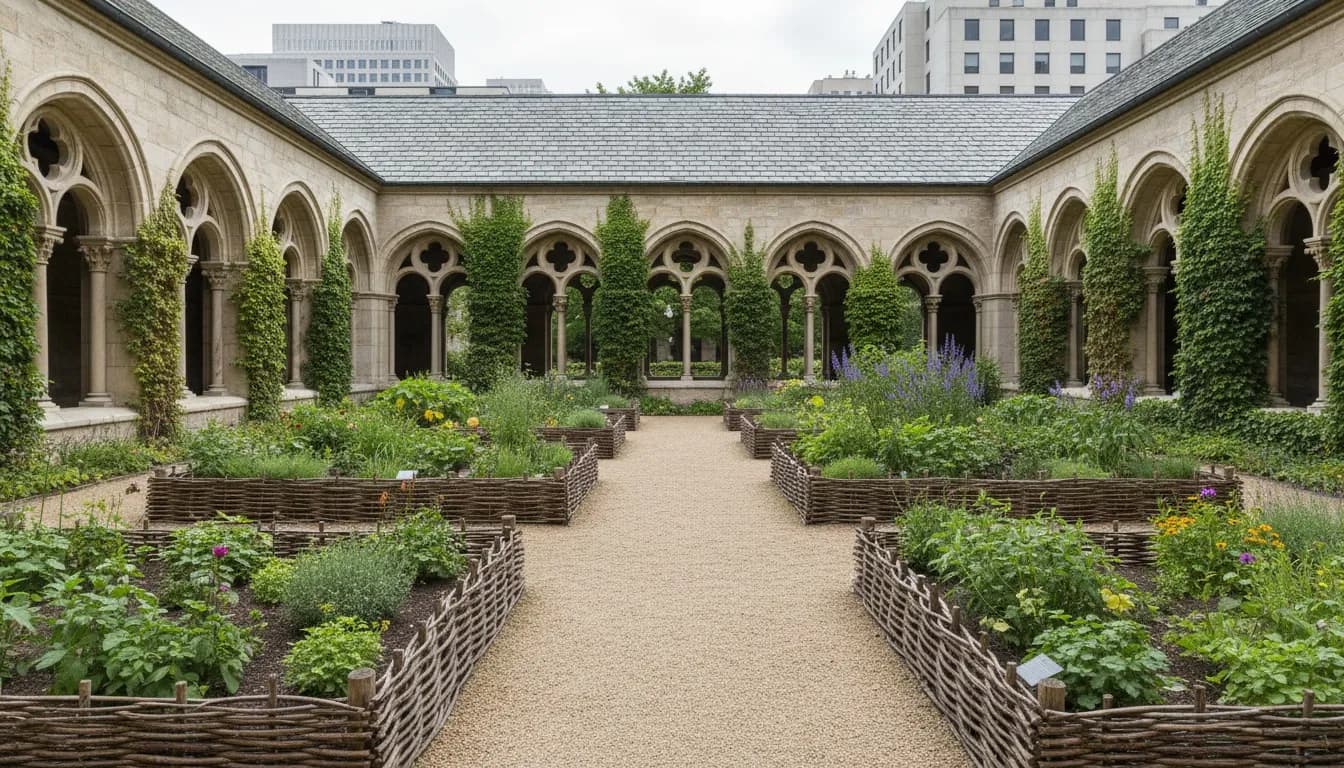 Realistic editorial view of The Cloisters Gardens in New York City