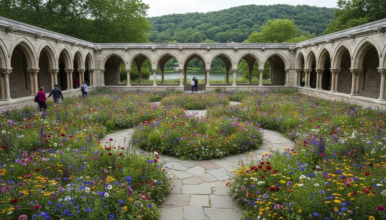 Realistic editorial view of The Cloisters Gardens in New York City