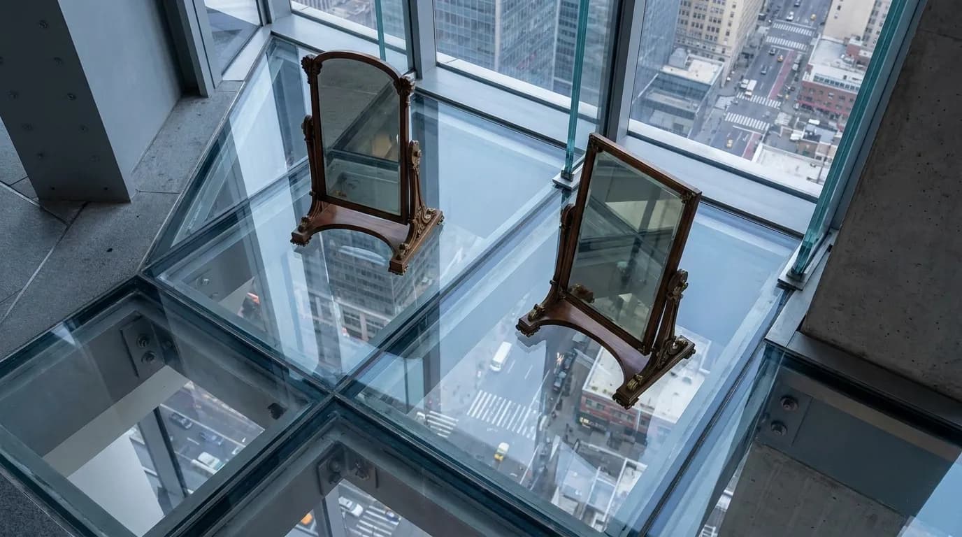 Glass floor panels at The Edge observation deck extending over Hudson Yards with city streets visible far below