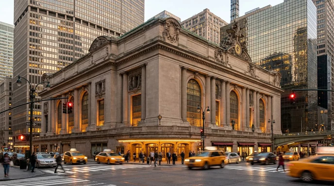 Grand Central Terminal exterior on 42nd Street at dusk with pedestrians and warm interior light