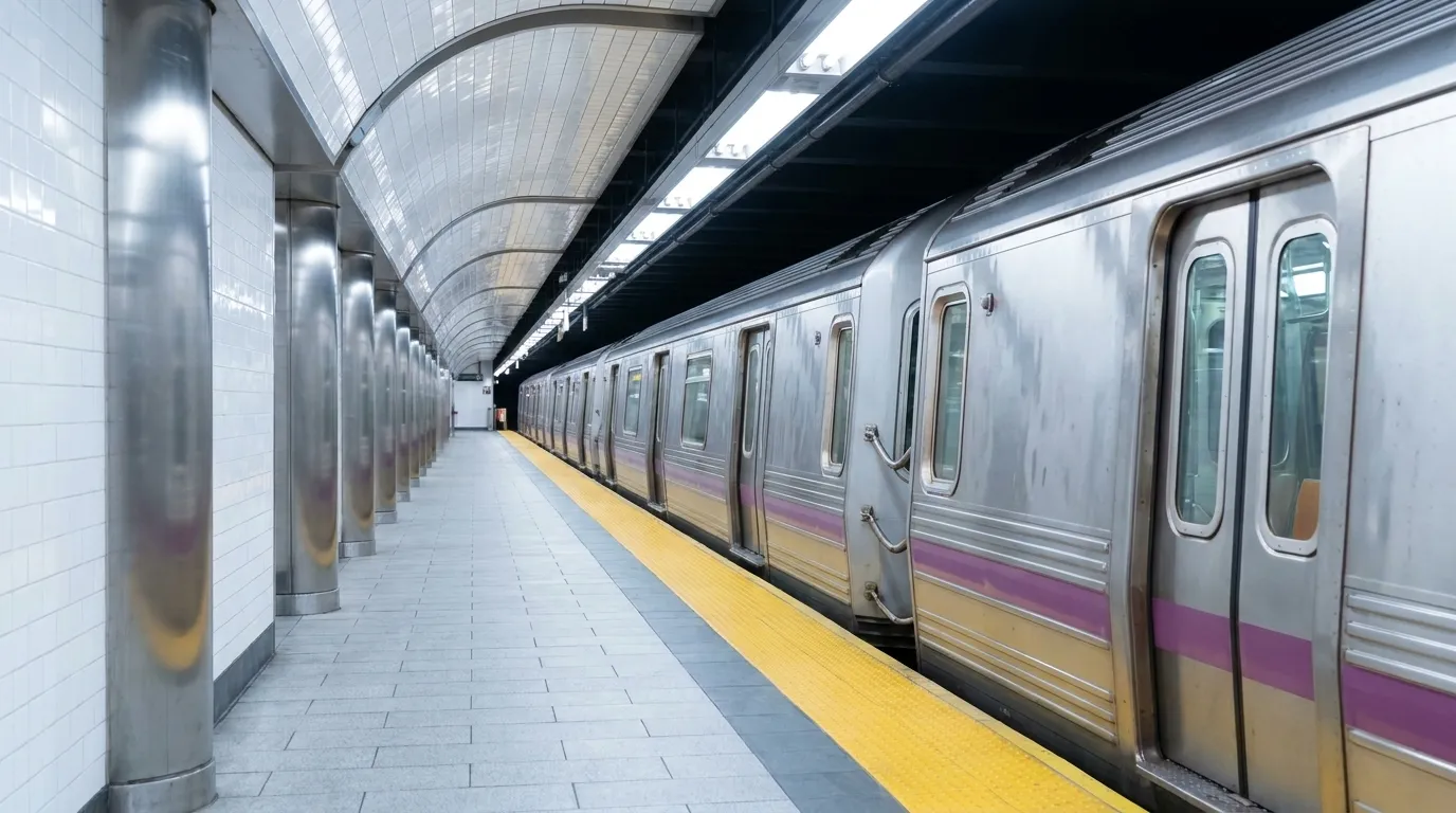 34th Street–Hudson Yards subway platform with 7 train waiting under fluorescent station lights