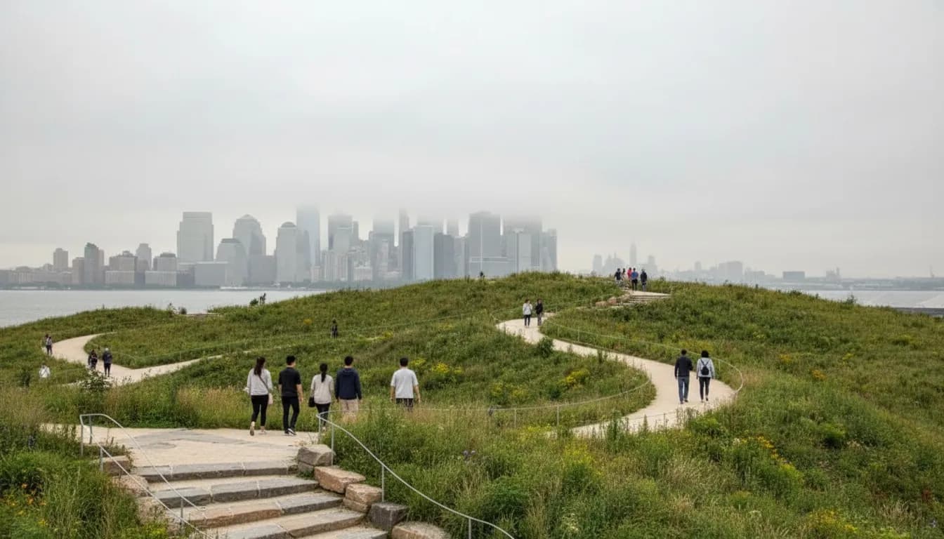 Realistic editorial view of The Hills on Governors Island in New York City