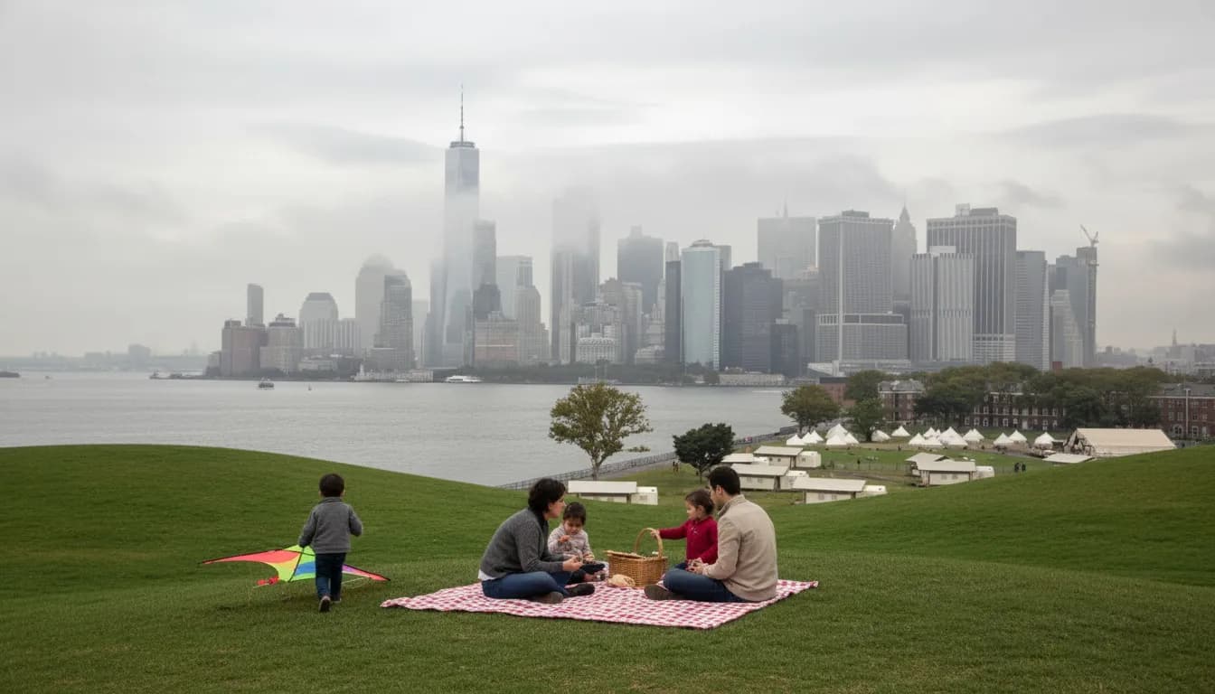 Realistic editorial view of The Hills on Governors Island in New York City